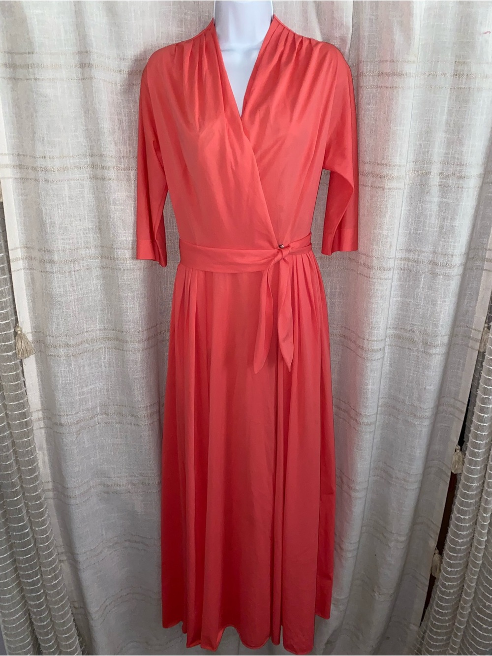 VTG 70s Coral Pink Maxi Robe Duster Surplice Wrap Hook Eye Loungewear Unbranded